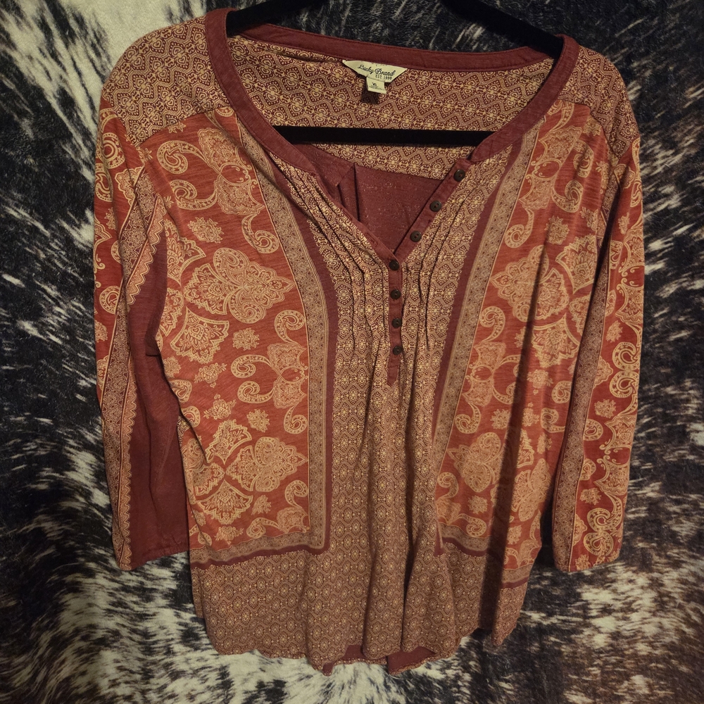 Lucky Brand Burgundy and Beige Paisley Blouse